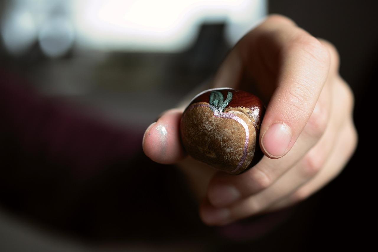 Imagem: Castanhas, Artesanato, Pintura. 