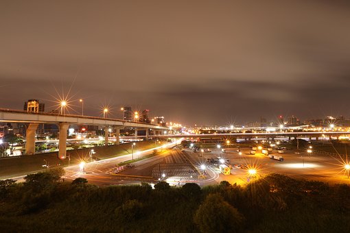 Cidade, Luzes, Taiwan, Ponte, Noite