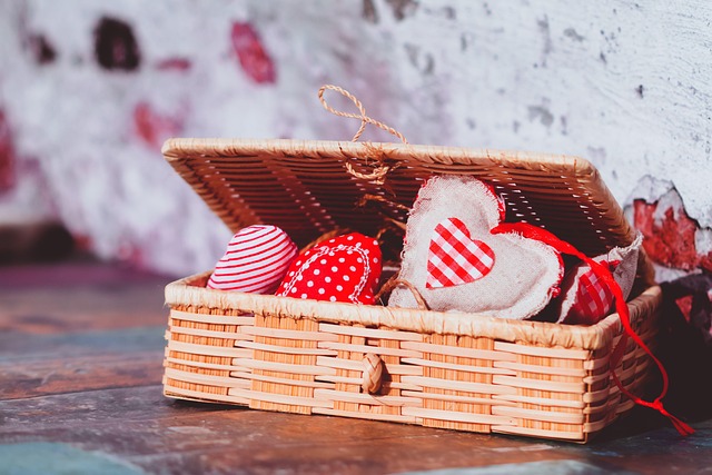 heart decorations, handmade hearts, fabric hearts, wicker basket, valentine's day, rustic decor, red and white, love symbols, romantic gift, craft project, textile art, cozy style, striped fabric, polka dot hearts, gingham heart, charming gift, heart shaped ornaments, cottagecore, boho chic, soft textures, holiday decor, heartfelt gift, diy decoration, love theme, vintage style