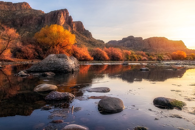 Solnedgang, Flod, Bjerge, Natur