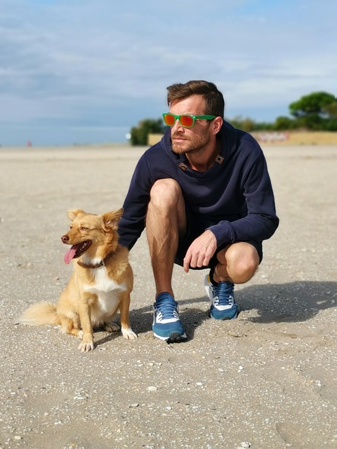 Amigos, Homem, Óculos, Cachorro, Praia