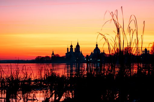 Rusland, Volga-Floden, Solnedgang, Flod