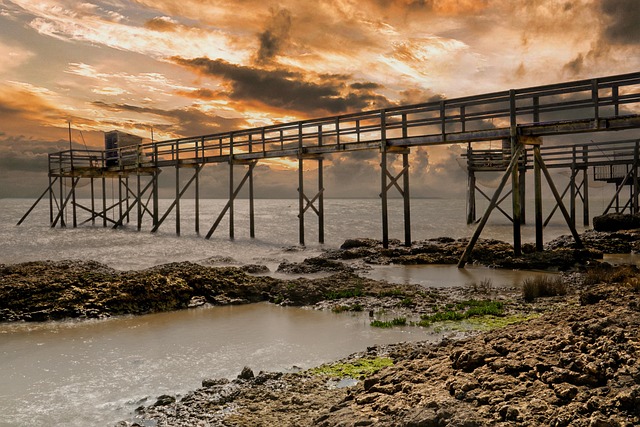 sea, overwater boardwalk, sunset, ocean, dusk, nature, twilight, landscape, beach