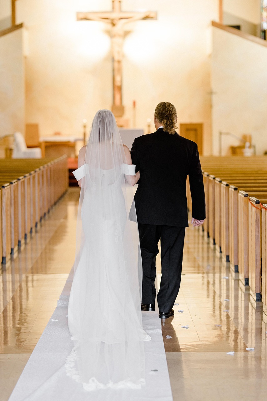 結婚式, 教会, 通路を歩いて, 花嫁, 花嫁の父