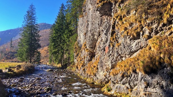 Berge, Bachlauf, Fluss, Herbst