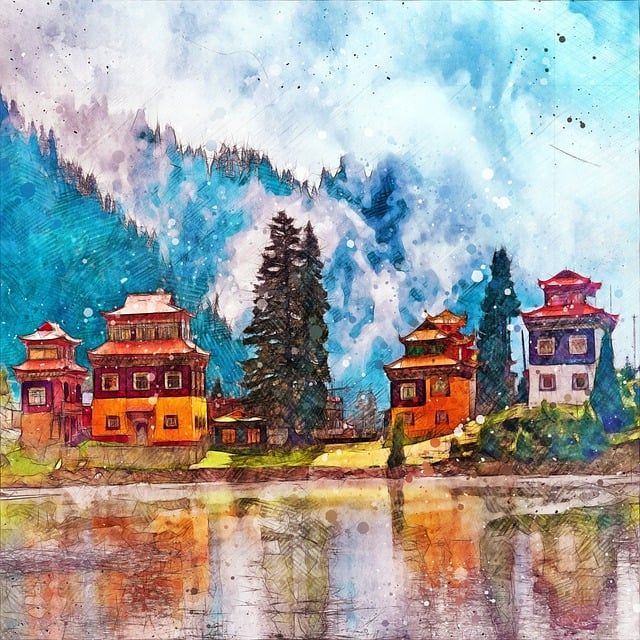 Free temple mountain lake illustration