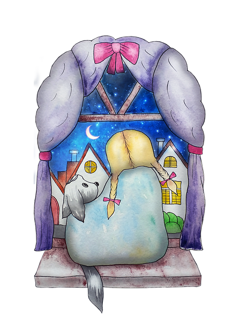 Free girl dog window illustration
