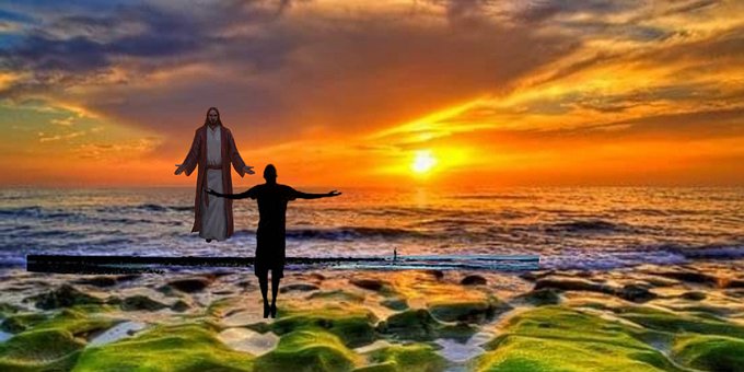 Solnedgang, Strand, Ocean, Jesus