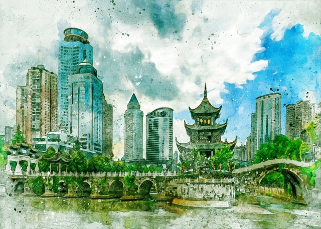 Free seaside town city church illustration