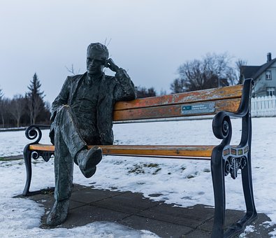 Statue, Bank, Schnee, Sitzung, Skulptur