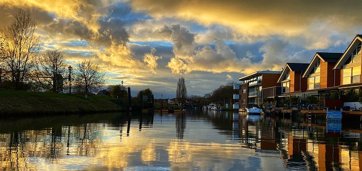 Fluss, Sonnenuntergang, Hafen