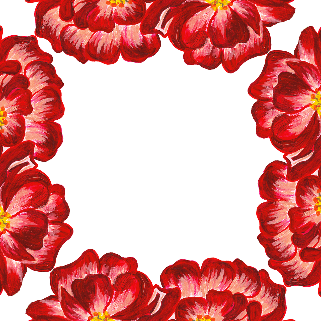 Watercolor Red Rose Border Frame With Red Roses. A Hand Drawn