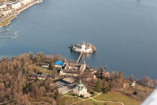 Schloss, Brücke, Luftaufnahme, Insel