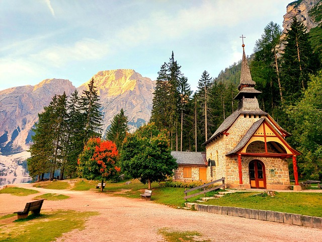 Capilla, Lago, Amanecer, Montañas
