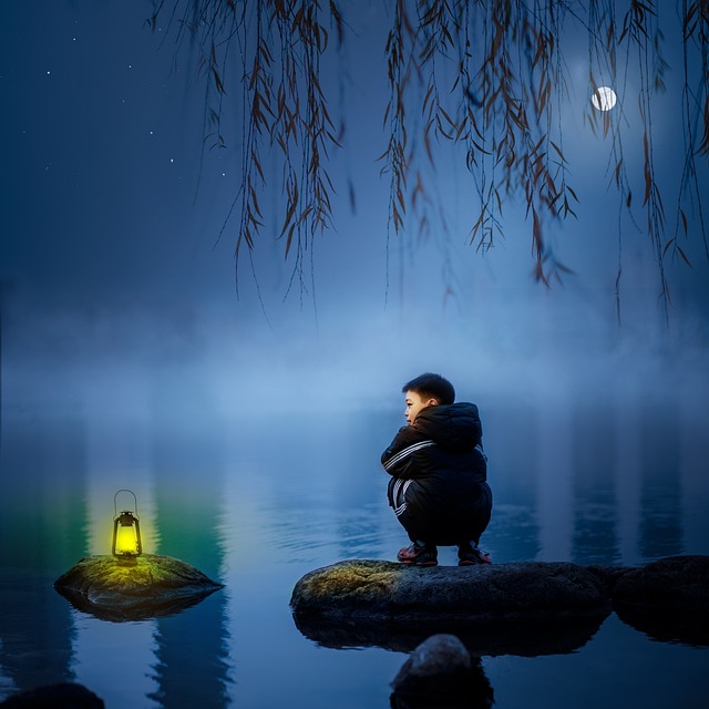 灯, 夜黑, 月亮, 蓝色, 男孩
