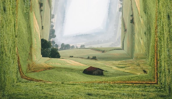 Kunst, Abstrakt, Natur, Hytte, Træ, Eng
