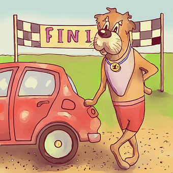Pes, Auto, Závod, Karikatúra, Víťaz
