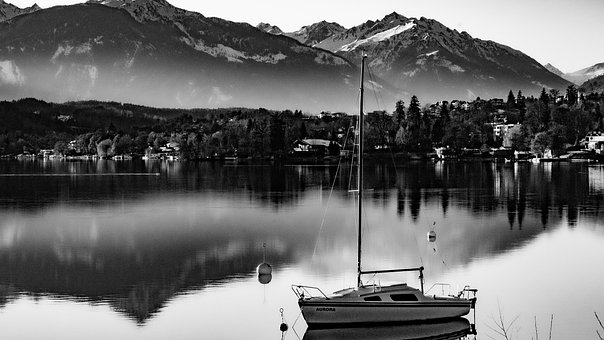 Boot, See, Berge, Stadt, Dorf, Natur