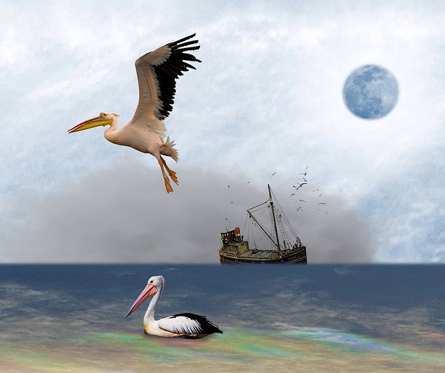 Free pelicans boat ocean illustration