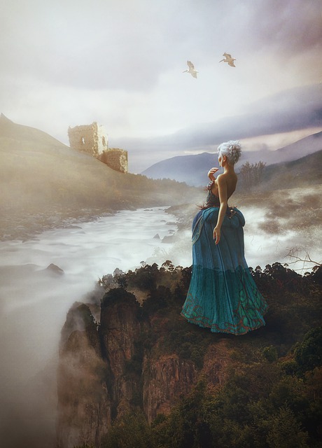 Free woman epochal dress cliff illustration