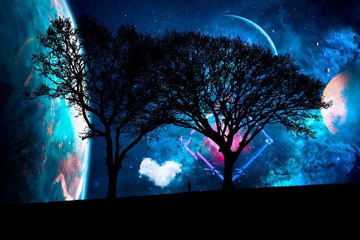 Trees, Surreal, Universe, Silhouette