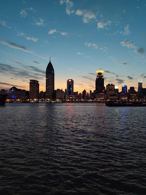 Fluss, Stadt, Shanghai, Dämmerung