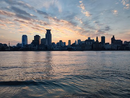 Fluss, Stadt, Shanghai, Dämmerung