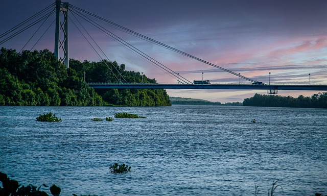 Brücke, Fluss, Sonnenuntergang, Wasser