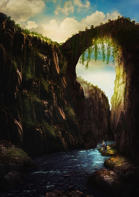 Free fantasy mountains river illustration
