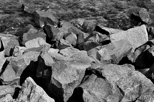Felsen, Wasser, Ufer, B W