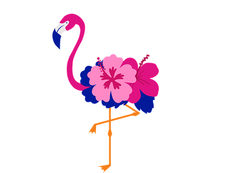 Flamingo, Hibiscus, Tegneserie, Tropisk