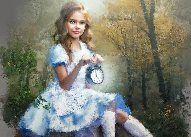 Free little girl painting alice in wonderland illustration