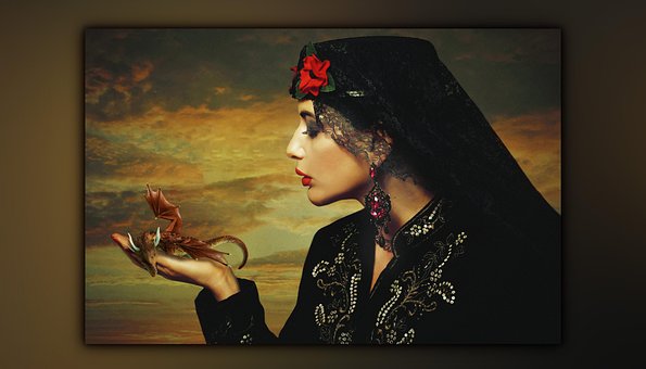 Drachen, Frau, Schönheit, Malen, Kunst