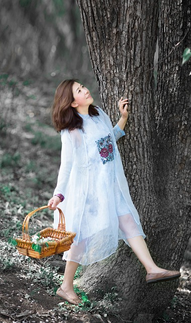 woman, trees, nature, picnic basket, outdoors, dress