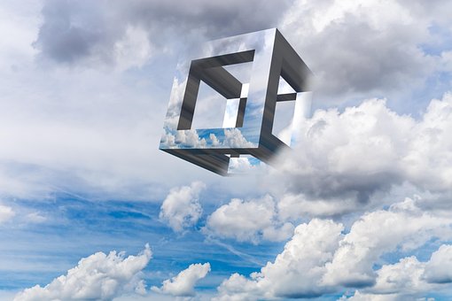 Cubo, Geométrico, Nuvens, Céu, Azul