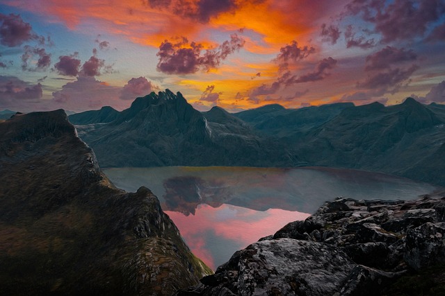 Free mountain lake sunset illustration