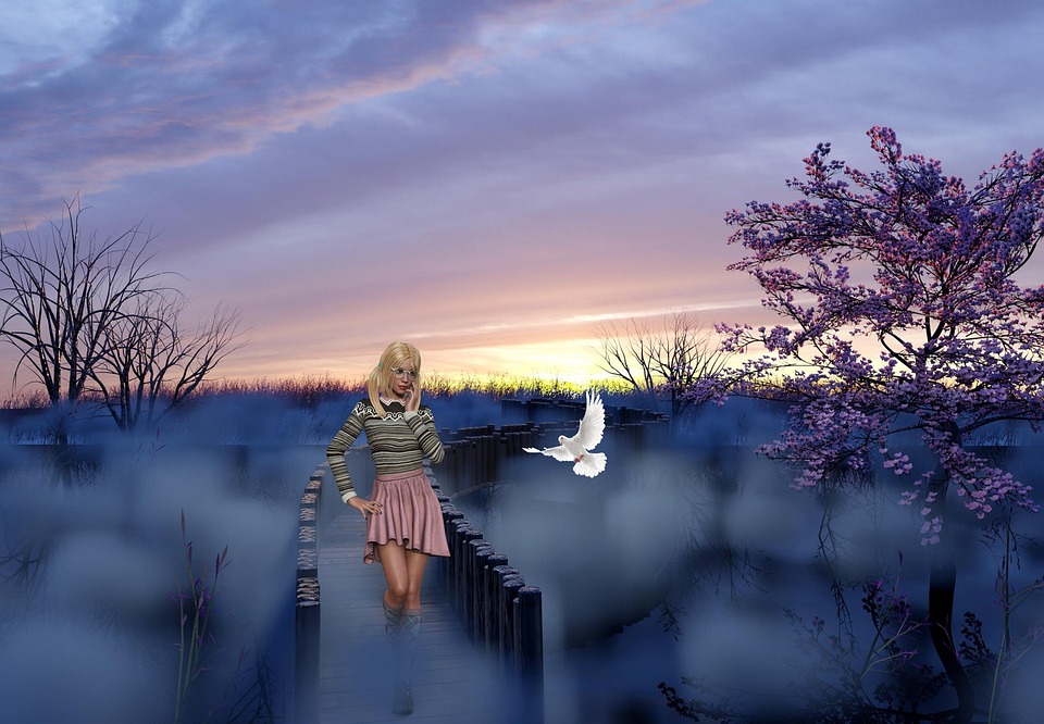 Background, Woods, Bridge, Foggy, Dove, Woman, Fantasy