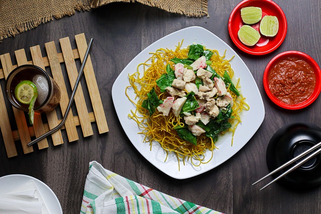 seafood noodles, dry noodles, crispy noodles, makassar noodles, special noodle from sulawesi, food photography, flat lay, top view, food styling