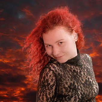 Frau, Rote Haare, Sonnenuntergang