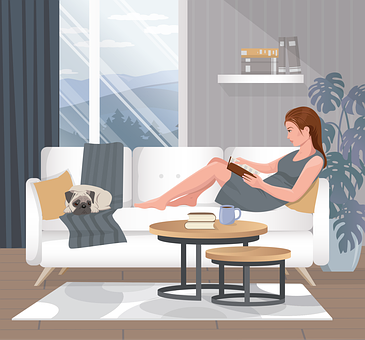 Vrouw, Lezing, Woonkamer, Meisje, Hond
