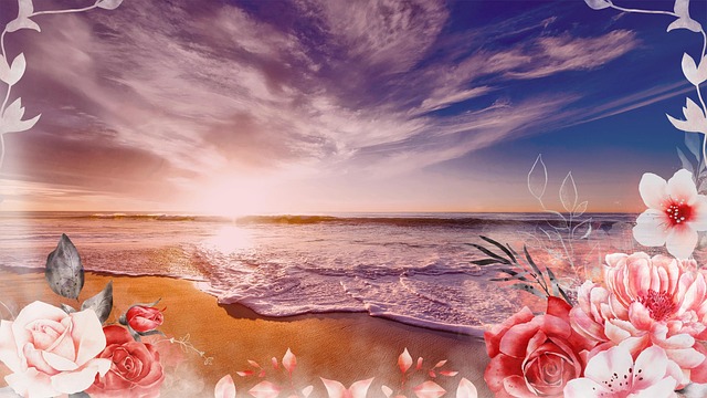 Free beach sunset flowers illustration
