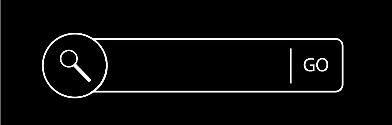 Search bar graphic with magnifying glass icon and query text on a plain background.