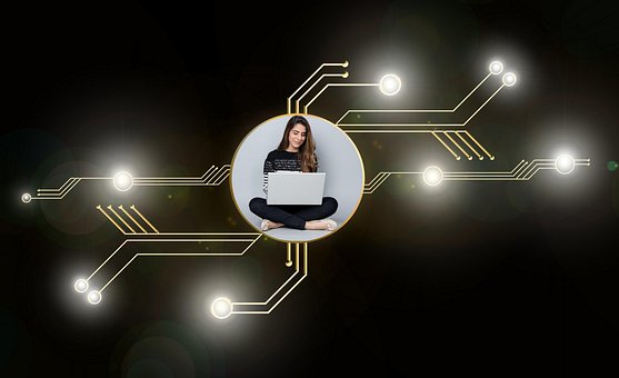 Blockchain, Bergbau, Frau, Laptop