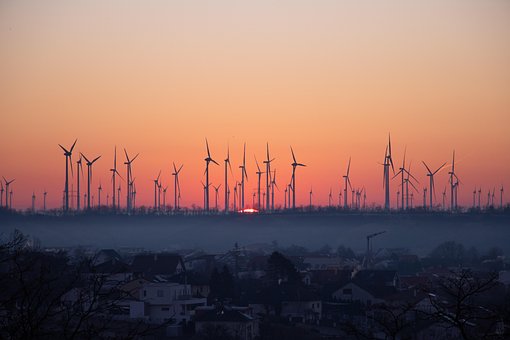 Zonsondergang, Windpark, Windmolens