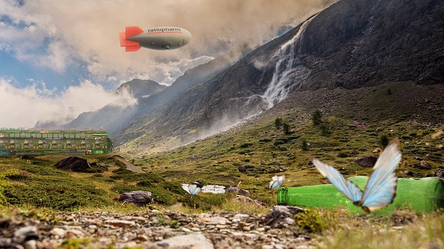 Free glass bottle blimp train illustration