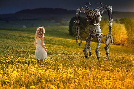 Roboter, Blumen Hintergrund, Mädchen