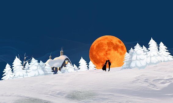 Schneebedeckt, Haus, Glühen, Mondlicht