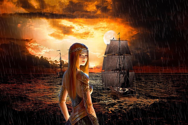 Free woman ship rain illustration