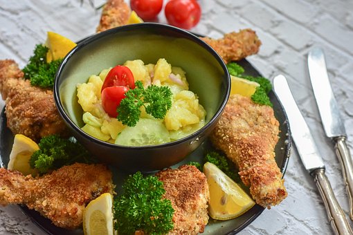 フライドチキン, ポテトサラダ, チキン, お食事, 焼きチキン, ランチ