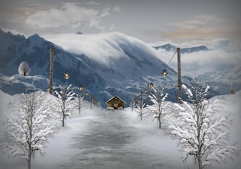 Winter, Landschaft, Kabine, Weg, Gipfel
